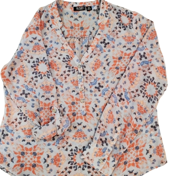 a.n.a Long Sleeve Blouse Womens PM Petite Floral Multicolor Roll Tab Sleeve Top - Picture 11 of 11
